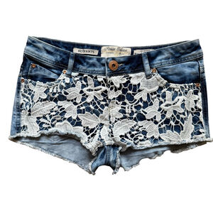 Parisian Collection Blue Denim Shorts with White Lace Overlay Size 7 Boho Y2K